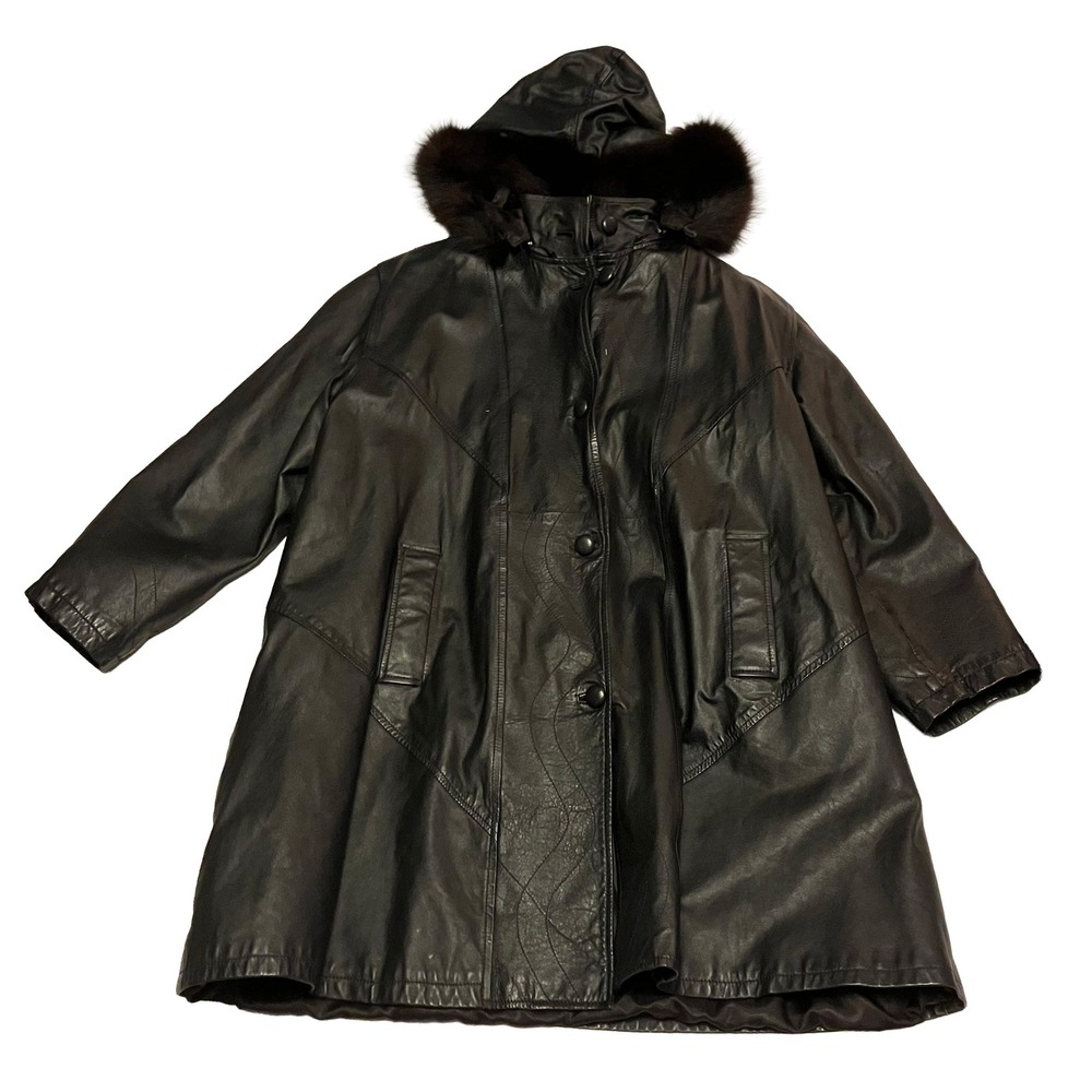 Pieles Vicente Black Nappa Leather Coat Real Fur Trim Detachable Hood Spain 48
